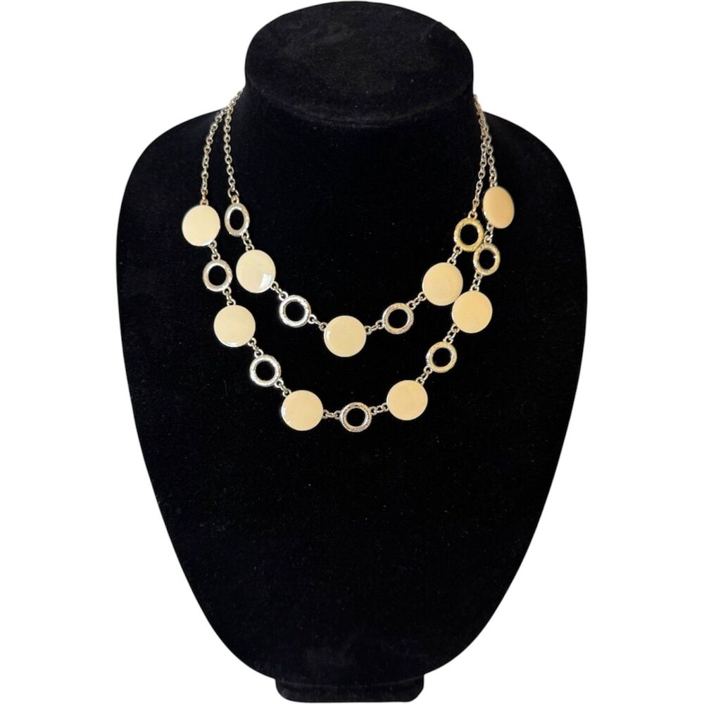 Gloria Vanderbilt Cream Enamel Necklace Two-Strand Silver Tone Textured Circles